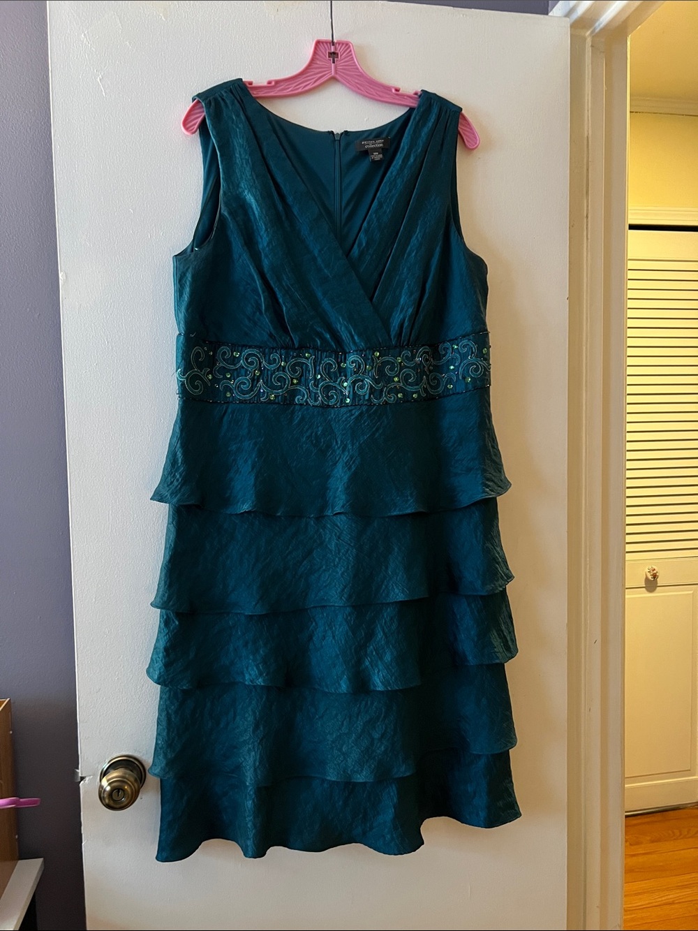 Sleeveless Teal Tiered V-Neck Dress with Embellished Waist